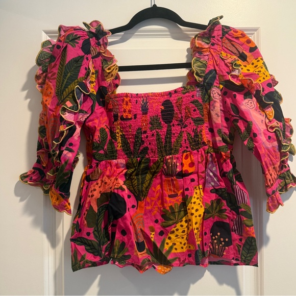 Farm Rio Pop Leopards Blouse Size XS Valentine's Spring Beach Vacay - Picture 5 of 6